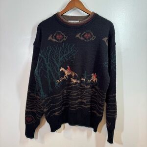 Vintage Astra Fox Hunt Dogs & Horse Equestrian Themed Knit Sweater Size Small